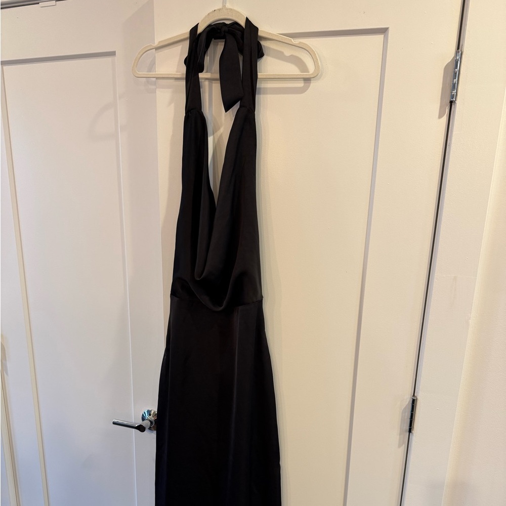 Lulu's Black Backless Cowl Halter Satin Gown - Picture 2 of 6